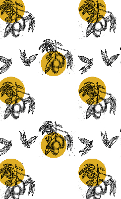 Estor decorativo con diseño de frutas y círculos amarillos