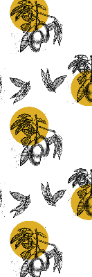 Estor decorativo con diseño de frutas y círculos amarillos