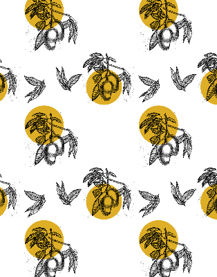 Estor decorativo con diseño de frutas y círculos amarillos