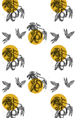 Estor decorativo con diseño de frutas y círculos amarillos
