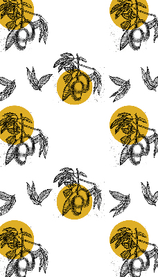 Estor decorativo con diseño de frutas y círculos amarillos