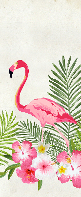 Estor enrollable de tela con flamencos junto a las hojas
