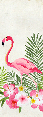 Estor enrollable de tela con flamencos junto a las hojas