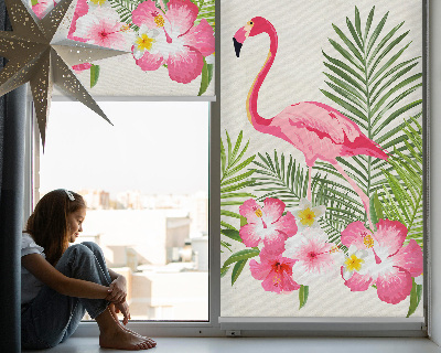 Estor enrollable de tela con flamencos junto a las hojas
