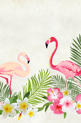 Estor enrollable de tela con flamencos junto a las hojas