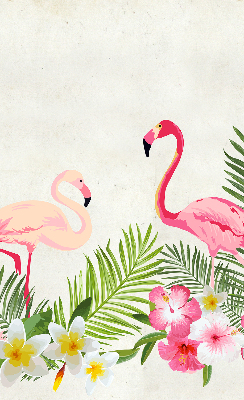 Estor enrollable de tela con flamencos junto a las hojas