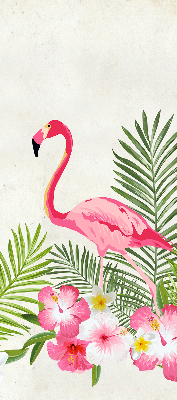 Estor enrollable de tela con flamencos junto a las hojas