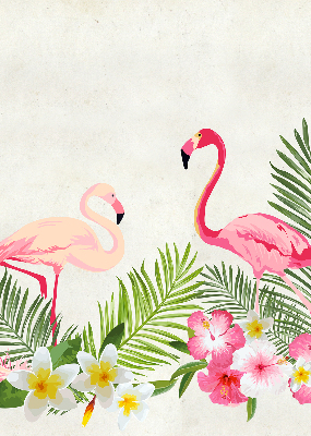 Estor enrollable de tela con flamencos junto a las hojas