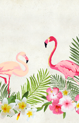 Estor enrollable de tela con flamencos junto a las hojas