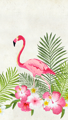 Estor enrollable de tela con flamencos junto a las hojas