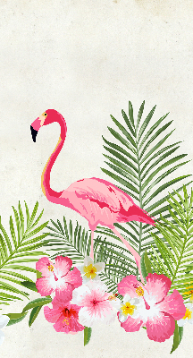 Estor enrollable de tela con flamencos junto a las hojas
