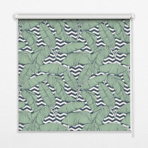 Estor decorativo con hojas de palmera sobre un fondo blanco y negro