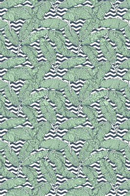 Estor decorativo con hojas de palmera sobre un fondo blanco y negro