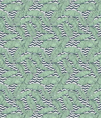 Estor decorativo con hojas de palmera sobre un fondo blanco y negro