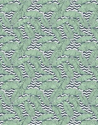 Estor decorativo con hojas de palmera sobre un fondo blanco y negro