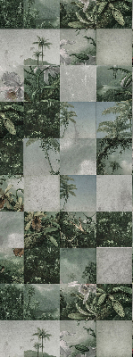 Estor enrollable de tela con estampado de palmeras y azulejos