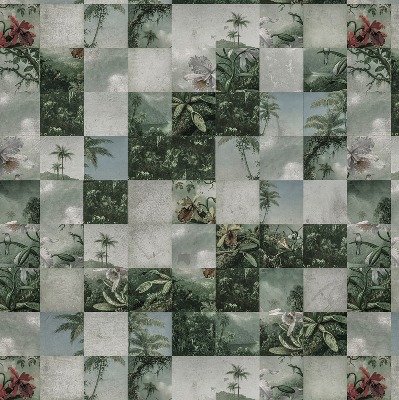 Estor enrollable de tela con estampado de palmeras y azulejos
