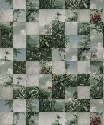 Estor enrollable de tela con estampado de palmeras y azulejos