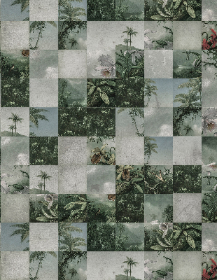 Estor enrollable de tela con estampado de palmeras y azulejos