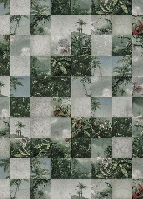 Estor enrollable de tela con estampado de palmeras y azulejos