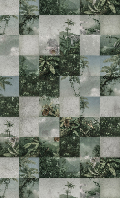 Estor enrollable de tela con estampado de palmeras y azulejos