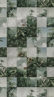 Estor enrollable de tela con estampado de palmeras y azulejos