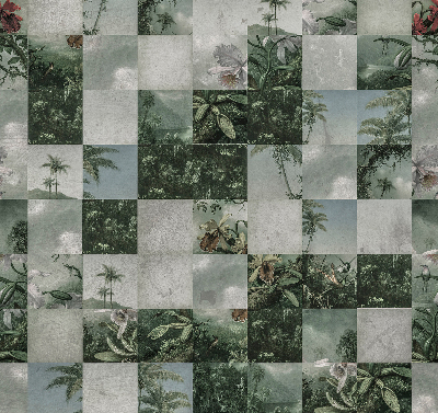 Estor enrollable de tela con estampado de palmeras y azulejos