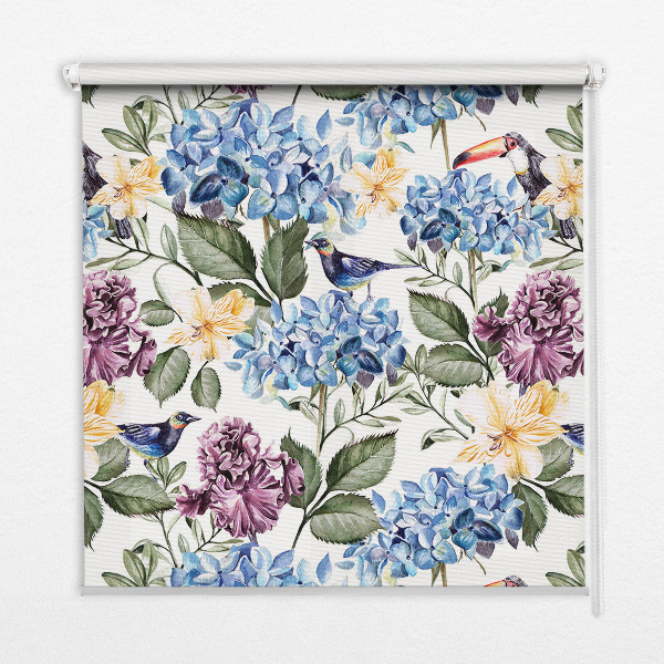 Estor decorativo con diseño de tucanes y flores