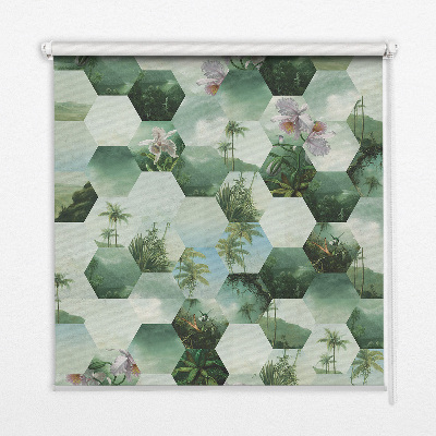 Estor enrollable de tela con hexágonos verdes