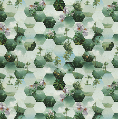 Estor enrollable de tela con hexágonos verdes