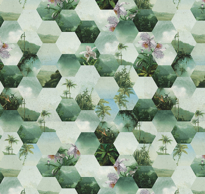 Estor enrollable de tela con hexágonos verdes