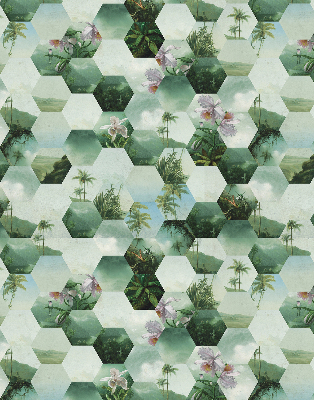 Estor enrollable de tela con hexágonos verdes