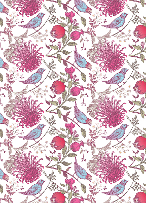 Estor opaco con diseño de pájaros coloridos entre las flores