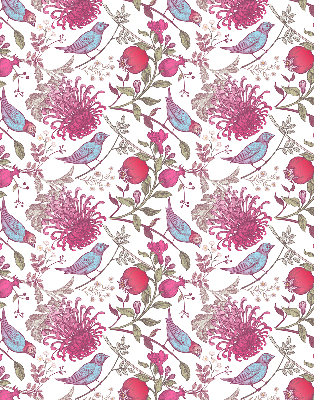 Estor opaco con diseño de pájaros coloridos entre las flores