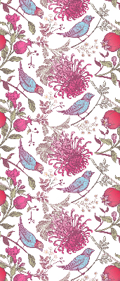 Estor opaco con diseño de pájaros coloridos entre las flores