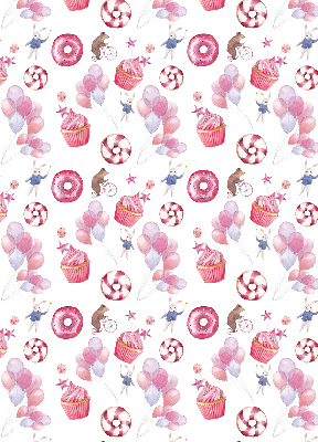 Estor decorativo con globos rosas, donas y conejitos