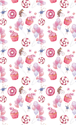 Estor decorativo con globos rosas, donas y conejitos