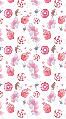 Estor decorativo con globos rosas, donas y conejitos