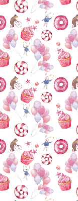 Estor decorativo con globos rosas, donas y conejitos