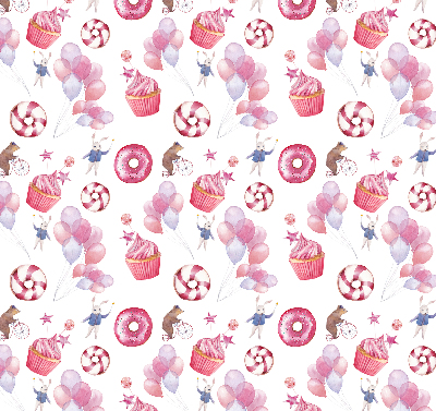 Estor decorativo con globos rosas, donas y conejitos