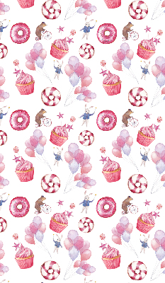 Estor decorativo con globos rosas, donas y conejitos