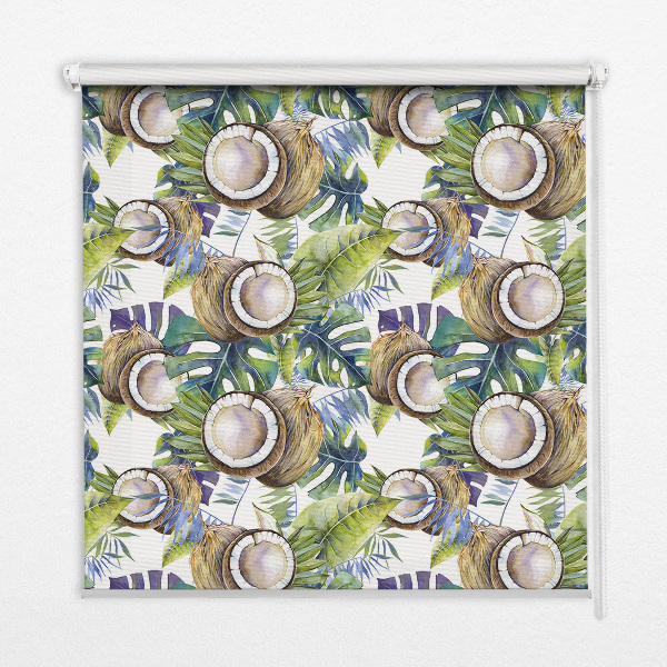 Estor decorativo con diseño de cocos y hojas