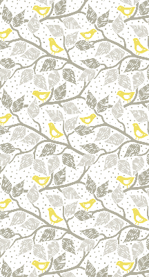 Estor enrollable de tela con diseño de pájaros amarillos en ramas grises