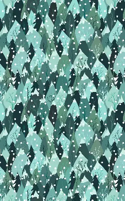 Estor enrollable de tela con diseño de bosque y nieve cayendo
