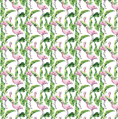 Estor enrollable de tela con estampado de flamencos junto a las hojas