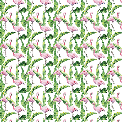Estor enrollable de tela con estampado de flamencos junto a las hojas
