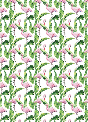 Estor enrollable de tela con estampado de flamencos junto a las hojas
