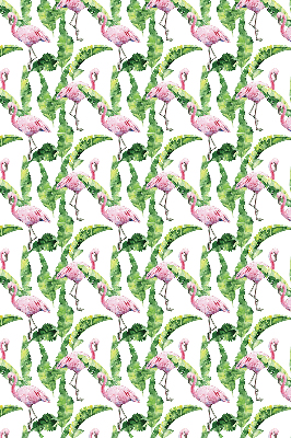 Estor enrollable de tela con estampado de flamencos junto a las hojas