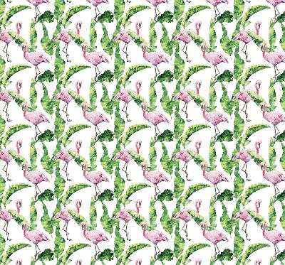 Estor enrollable de tela con estampado de flamencos junto a las hojas