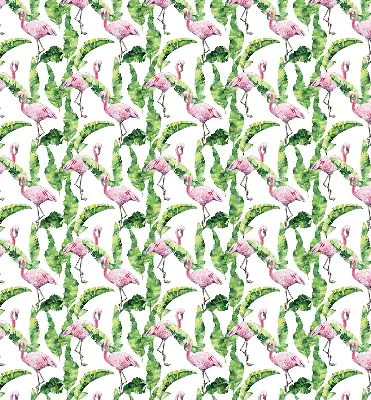 Estor enrollable de tela con estampado de flamencos junto a las hojas
